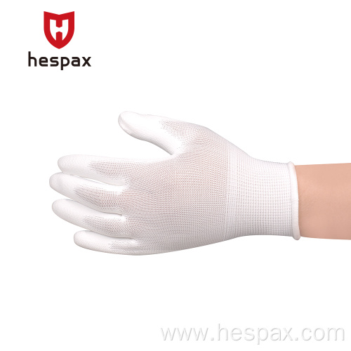 Hespax White PU Palm Coated ESD Hand Gloves
